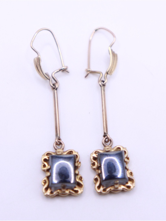Jewelry - Art Deco 10K Gold Hematite Statement Dangle Drop Earrings